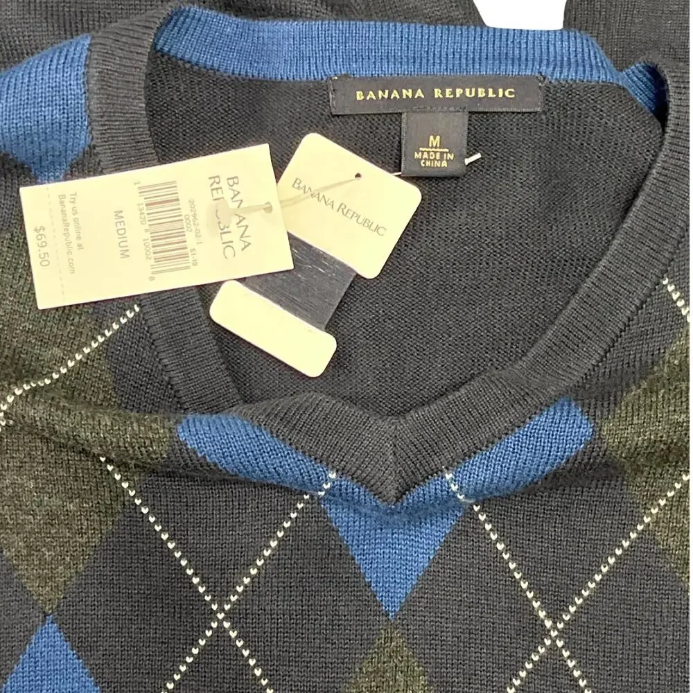 Banana Republic Argyle Sweater Mens Medium Blue Cotton Crew Neck NWT